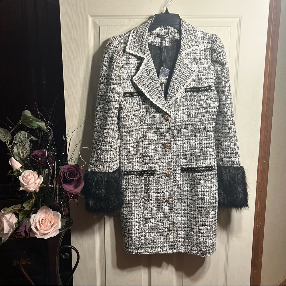 Black and White Fashion Nova Brielle Tweed Blazer Dress with Faux Fur Trim Cuff